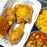 Fried Chicken with Cornbread, Okra, and Macaroni and Cheese ($11.95)